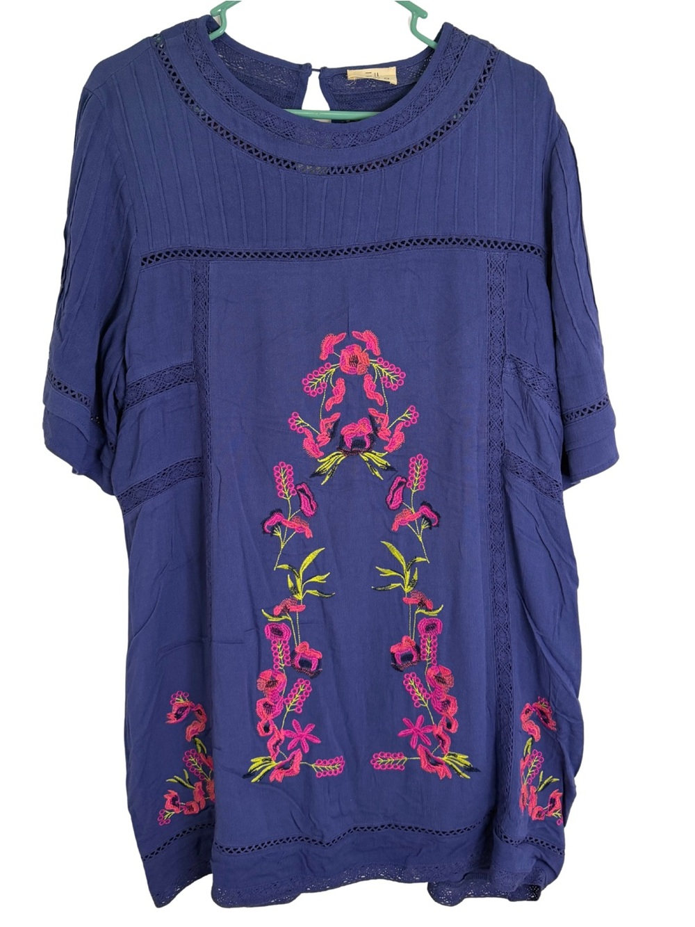 ETWO Blue Embroidered Short Sleeve Mini Dress with Pink Floral Detail